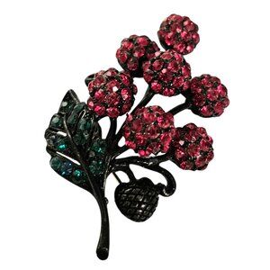 Holly Craft Cherry Brooch Red Rhinestone Cluster Cherries Pin, Signed